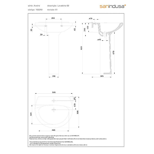 Lavabo mural ou sur colonne avec trou mitigeur central - Largeur 60 cm - Céramique traditionnelle - SANINDUSA Aveiro - Blanc