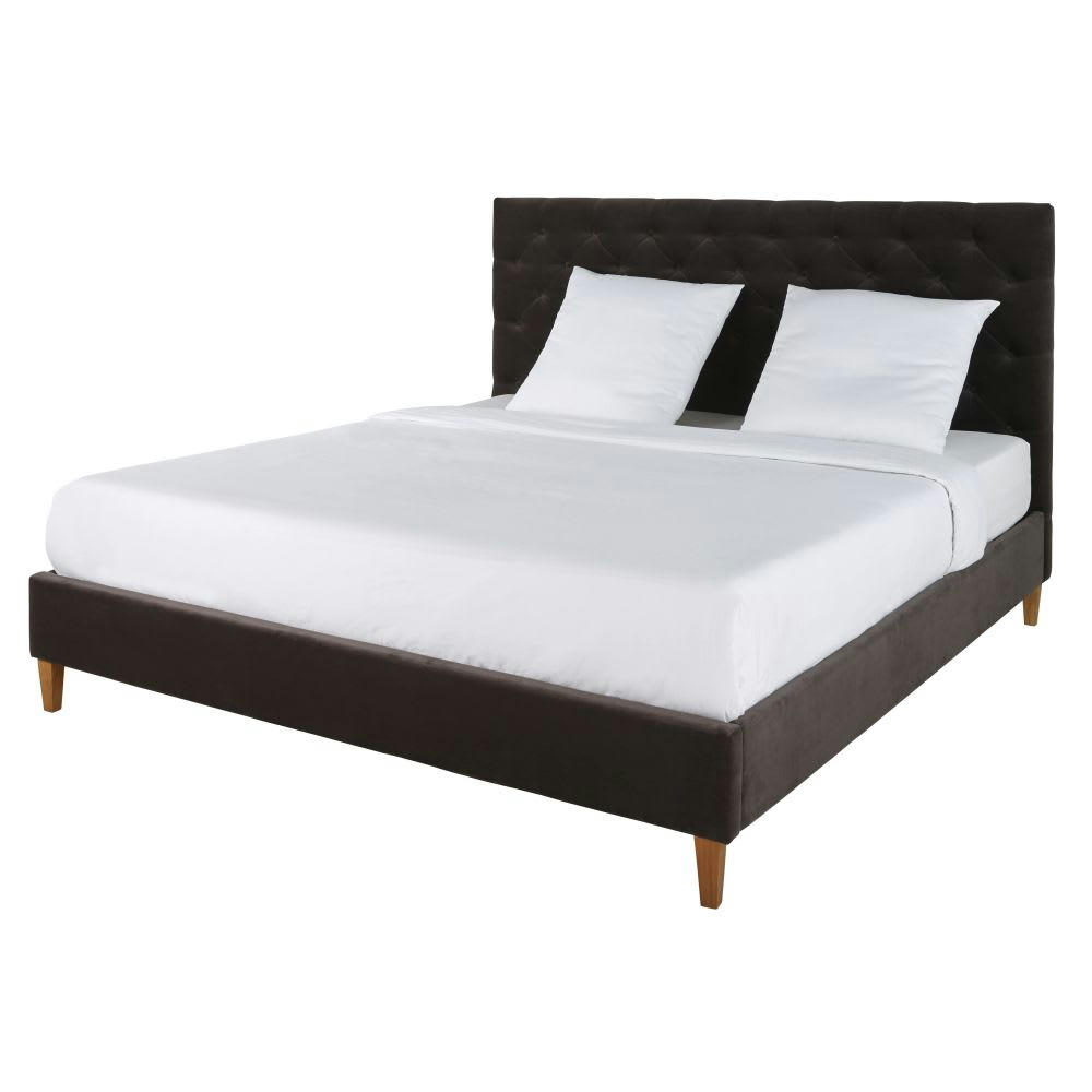 Chesterfield -  Lit capitonné en velours avec sommiers à lattes gris 180x200
