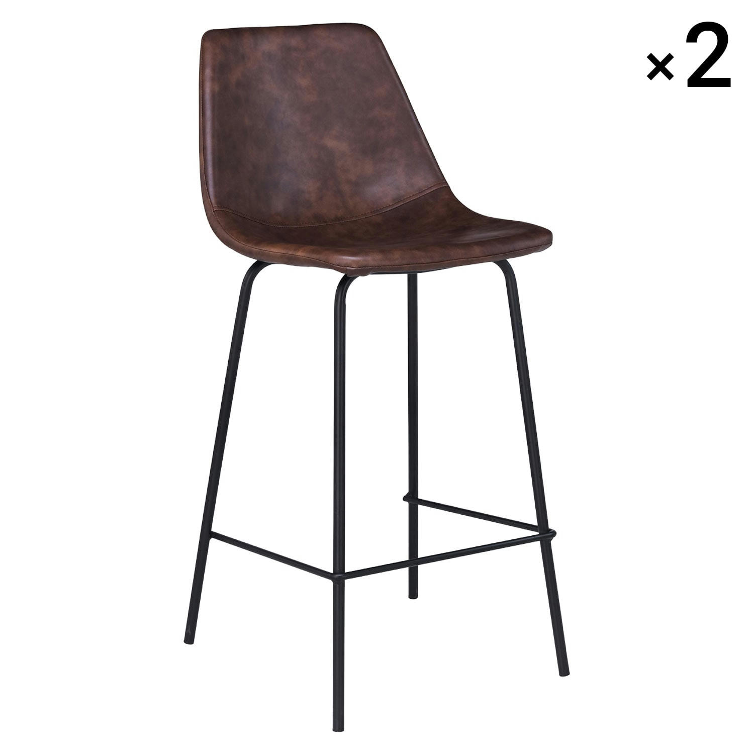 LUCIEN - Lot de 2 tabourets de bar vintage 65cm en simili cuir marron