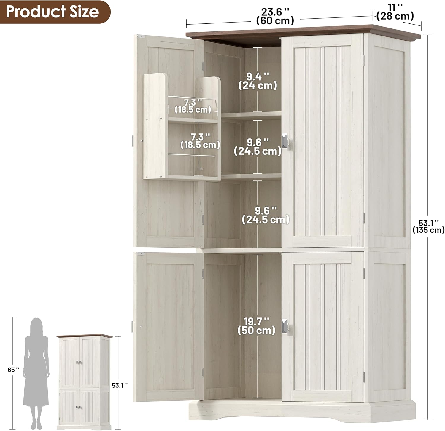 Akxomel 53.1 H Tall Bathroom Storage Cabinet with 4 Door Shelves, Farmhouse Kitchen Pantry Cabinet with 4 Doors, Linen Bathroom Floor Cabinet for Kitchen, Bathroom, Living Room, Rustic White