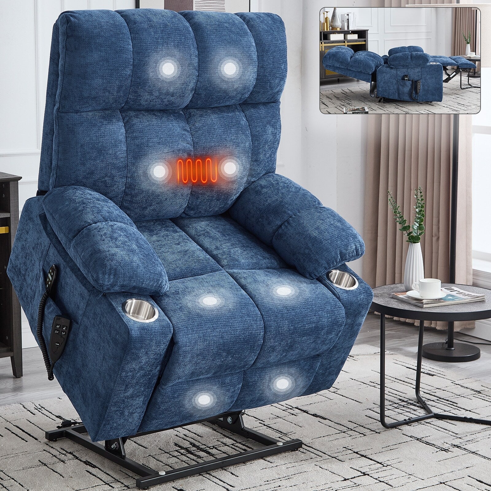 Dual Motor Chenille Power Lift Recliner Chair, Heavy Duty Motion Mechanism with Massage and Lumbar Heating, Dual Cup Holders