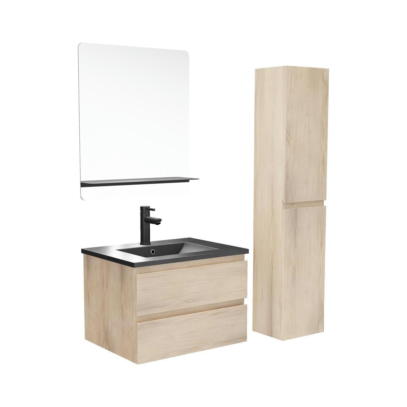 SORRENTO - Meuble simple vasque 60cm  Décor chêne +vasque+robinet+miroir+colonne