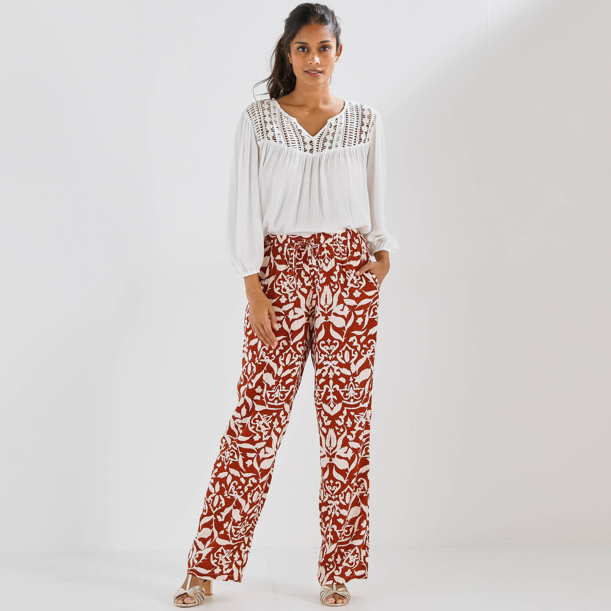 Pantalon large fluide, imprimé bicolore