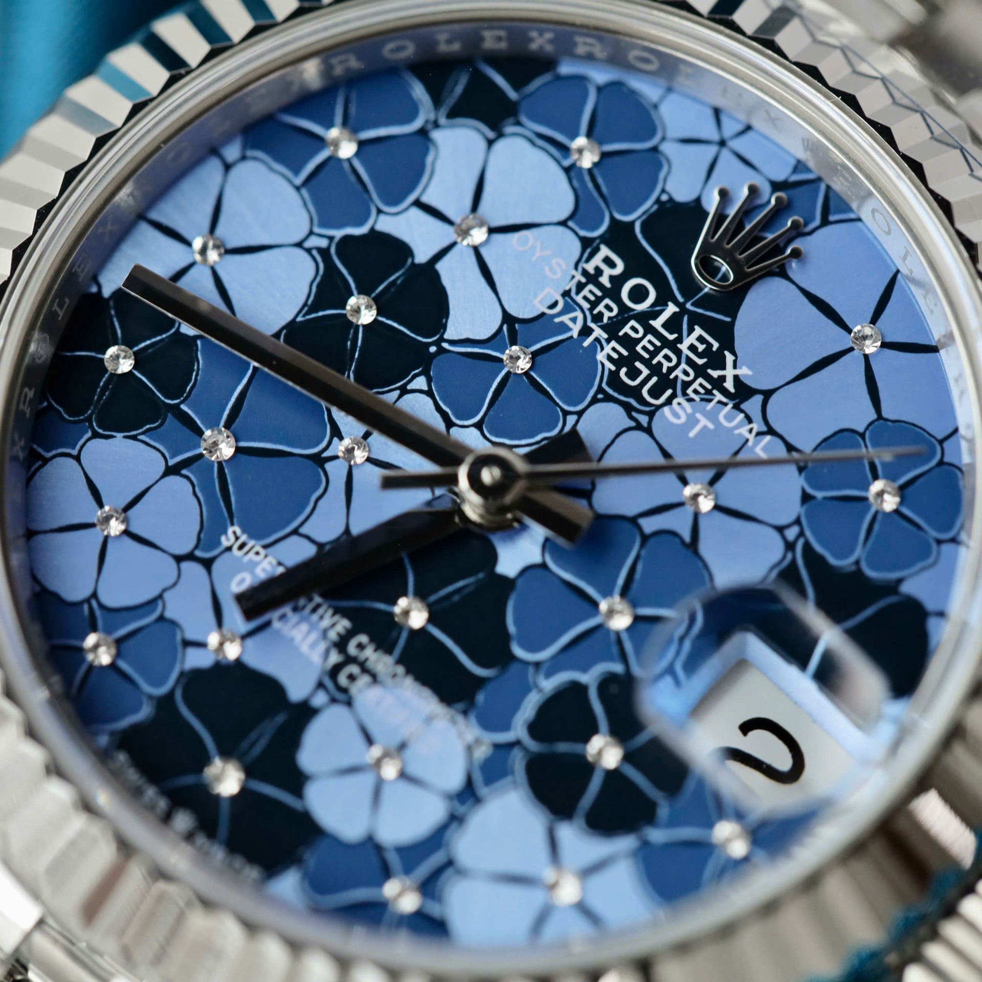 Rolex Datejust 316L Steel Flower Blue Dial CZ Diamonds 31mm Jub THBF Replica
