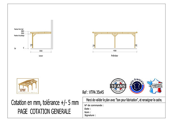 Carport adossé toit plat 350cmx450cm, bois DOUGLAS Français (Charpente en bois-auvent-abri voiture) 16 m². Garantie 10 ans