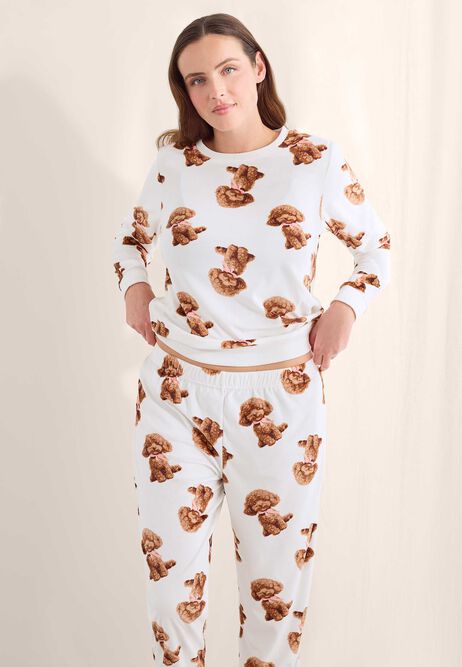 Womens Cream & Pink Dog with Bow Fleece Pyjama Set