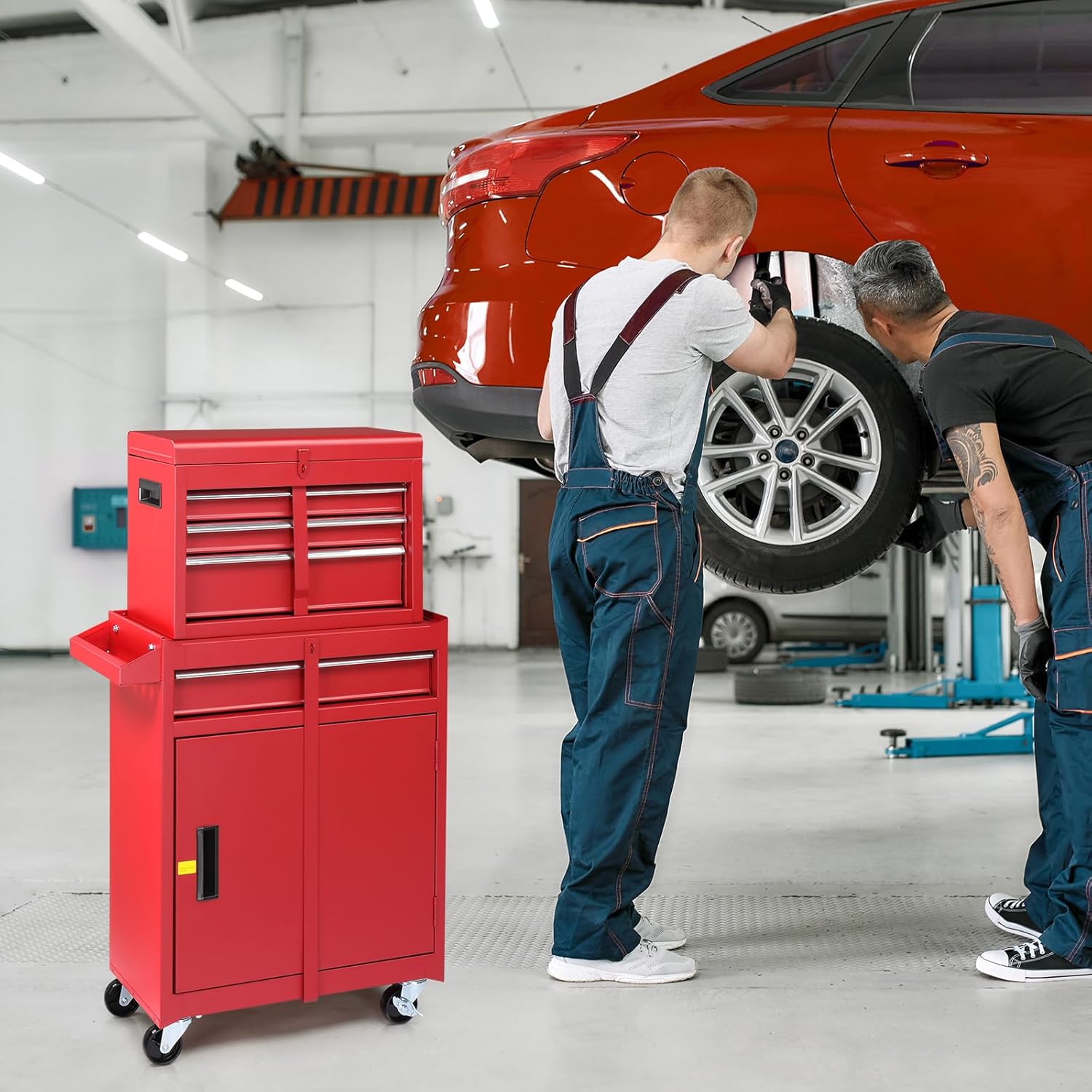 Winado 4-Drawer Rolling Tool Chest with Wheels & Lock, Tool Box with Large Storage Cabinet and Adjustable Shelf, Removable Portable Top Box for Garage, Warehouse, Factory (Red)