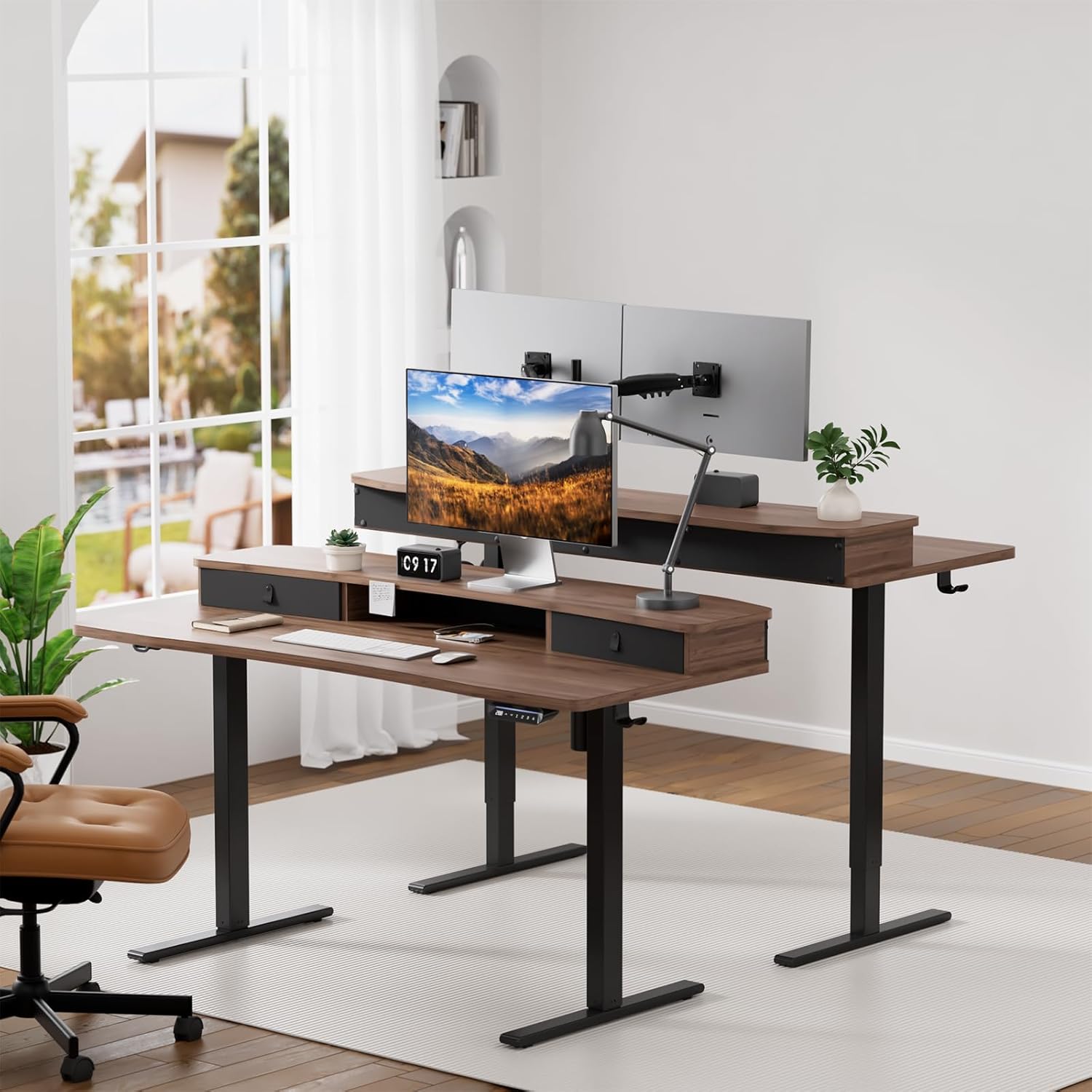 HUANUO 55 x 26 Electric Standing Desk with 2 Drawers, C-Clamp Mount Compatible, Height Adjustable Computer Desk, Home Office Stand Up Desk with 4 Preset Heights & 2 Hooks, Walnut