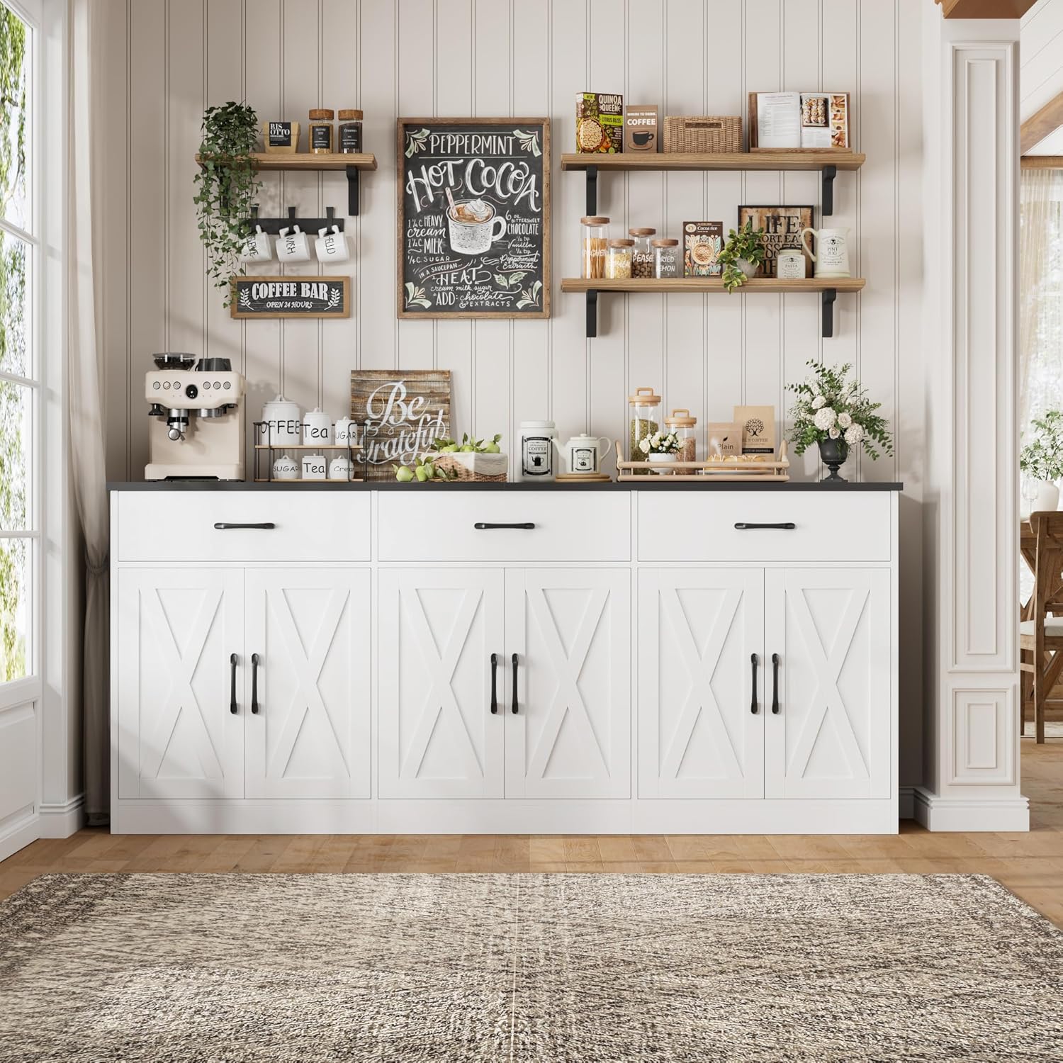 HOSTACK 71 Large Sideboard Buffet Cabinet with Storage, Farmhouse Coffee Bar Cabinet with 3 Drawers, Long Kitchen Buffet Table, Kitchen Sideboard Storage Cabinet for Dining, Living Room, White/Black