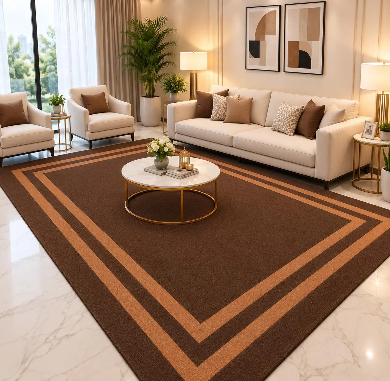 Modern Brown Area Rug, Hand Tufted Wool Carpet, Geometric Border, Living Room Bedroom Decor