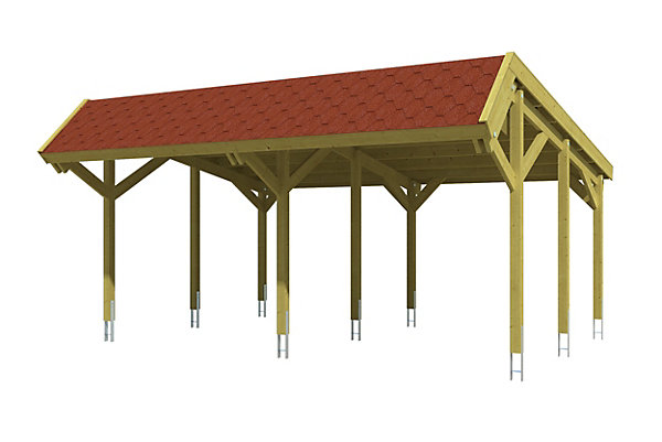 Carport SKAN HOLZ Harz 624x560cm, avec bardeaux rouges, bois résineux imprégné vert