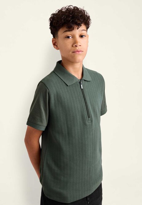 Older Boys Green Ottoman Zip Neck Polo Shirt