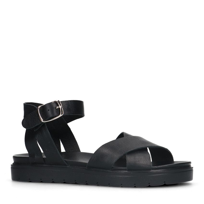 Manfield Zwarte leren sandalen met gekruiste banden
