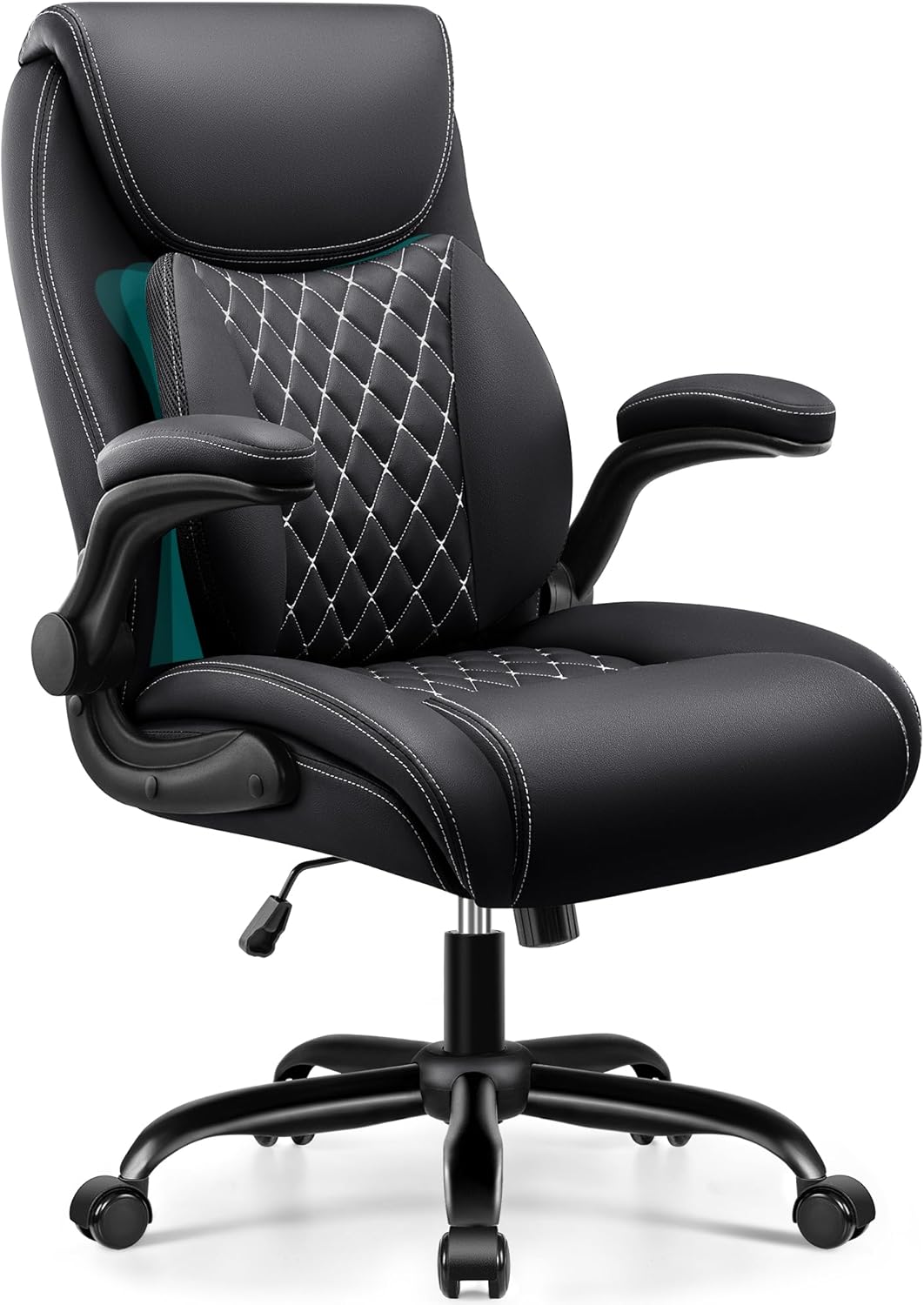 BESTFAIR Office Chair, Ergonomic Computer Desk Chairs with Lumbar Support for Lower Back Pain Relief, Executive Leather Home Chair Comfy with Padded Flip-up Armrests, Black