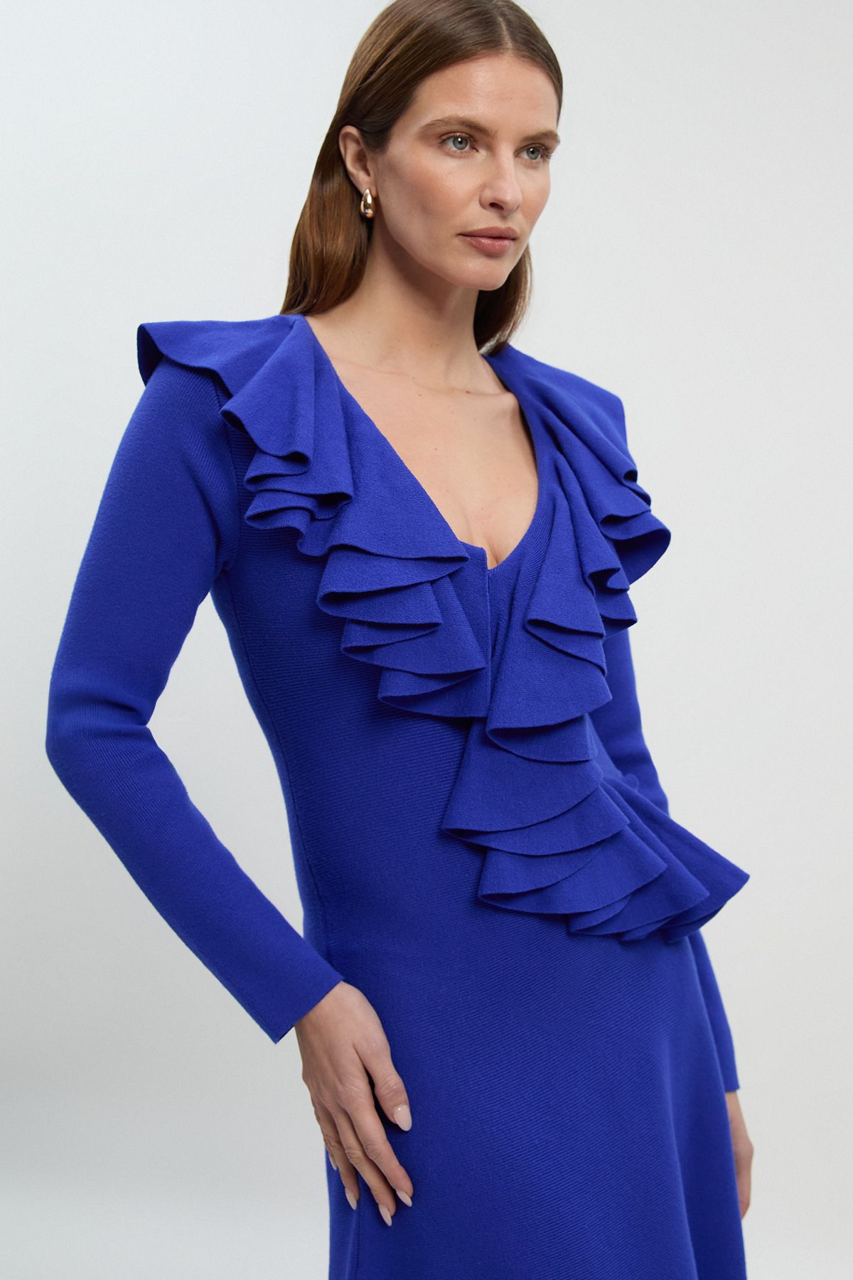 KarenMillen Compact Wool Look Ruffle V Neck Midi Dress