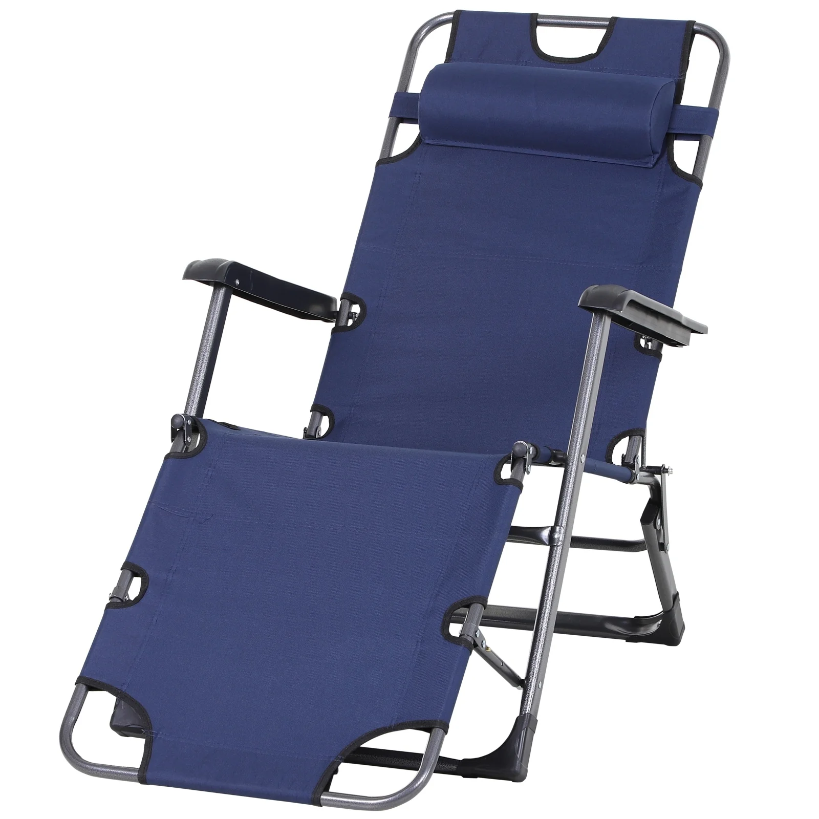 Outsunny 2-in-1 Patio Lounge Chair w/ Pillow, Outdoor Folding Sun Lounger Reclining to 120°/180°, Oxford Fabric