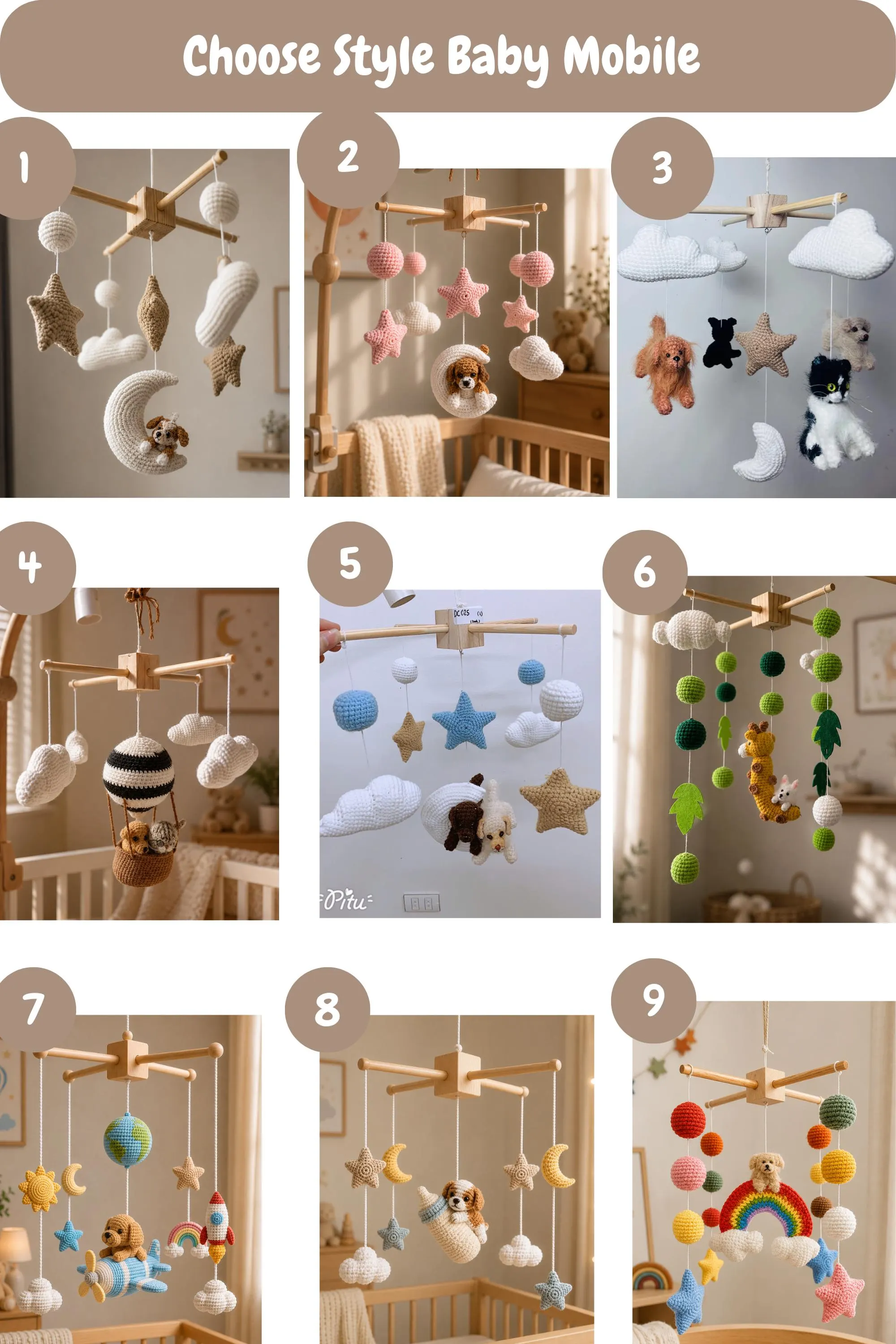 Custom Dog Baby Mobile, Handmade Moon Baby Mobile, Hot Air Balloon Baby Mobile , Crocheted Dog Cat, Neutral Nursery, Baby Shower Gift