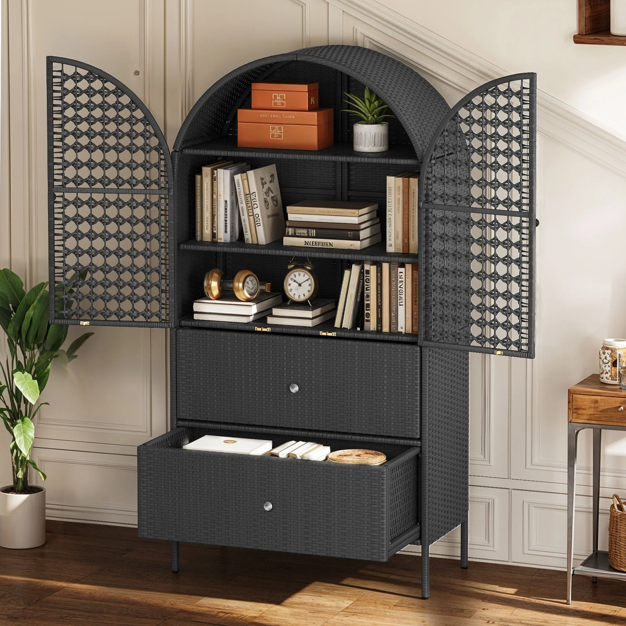 All-Weather 65 Tall Wicker Arched Kitchen Pantry Cabinet with 3 Shelves & 2 Drawers