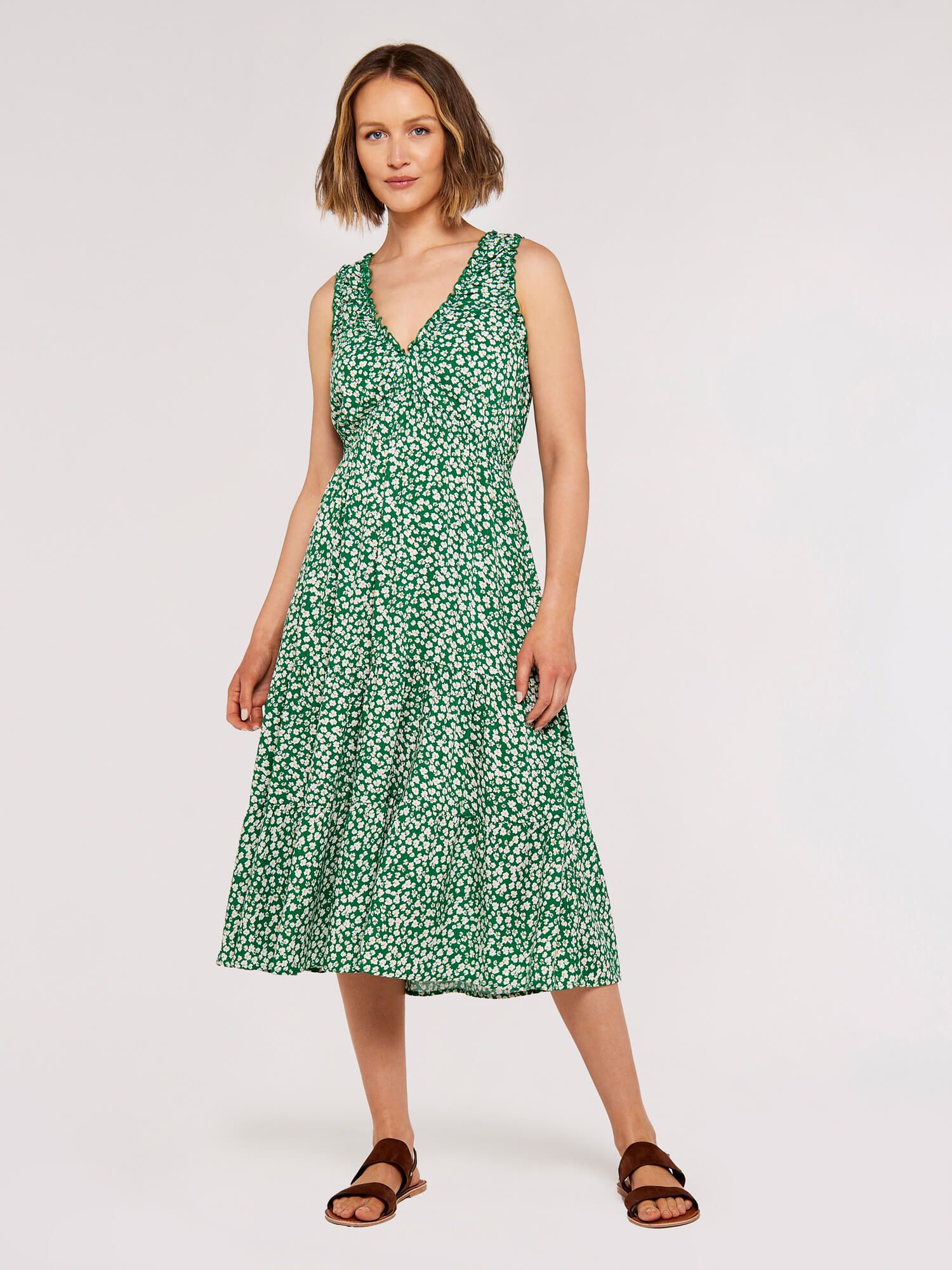 Apricot Daisy Print Tiered Midi Dress