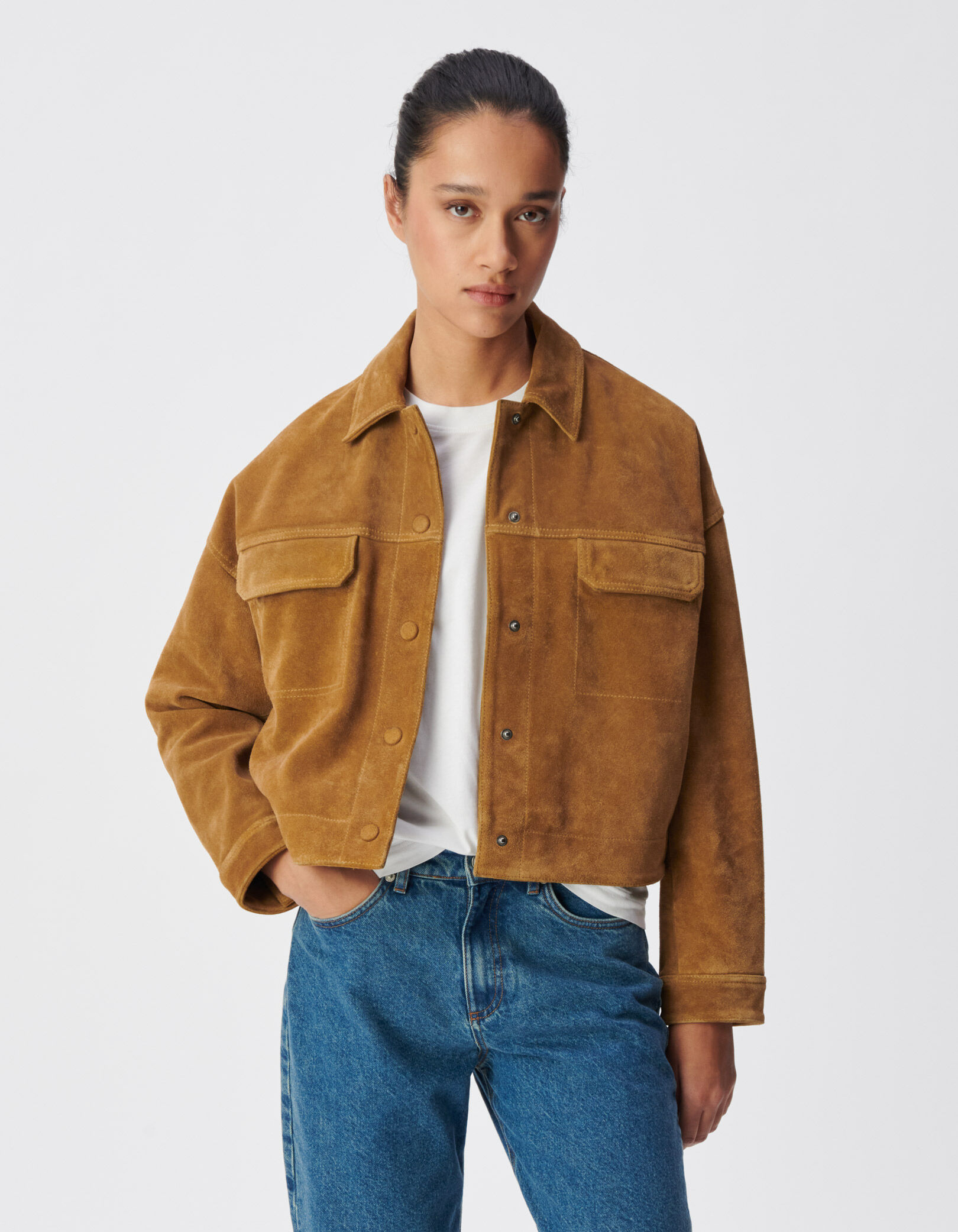 Veste courte oversize camel cuir velours Femme