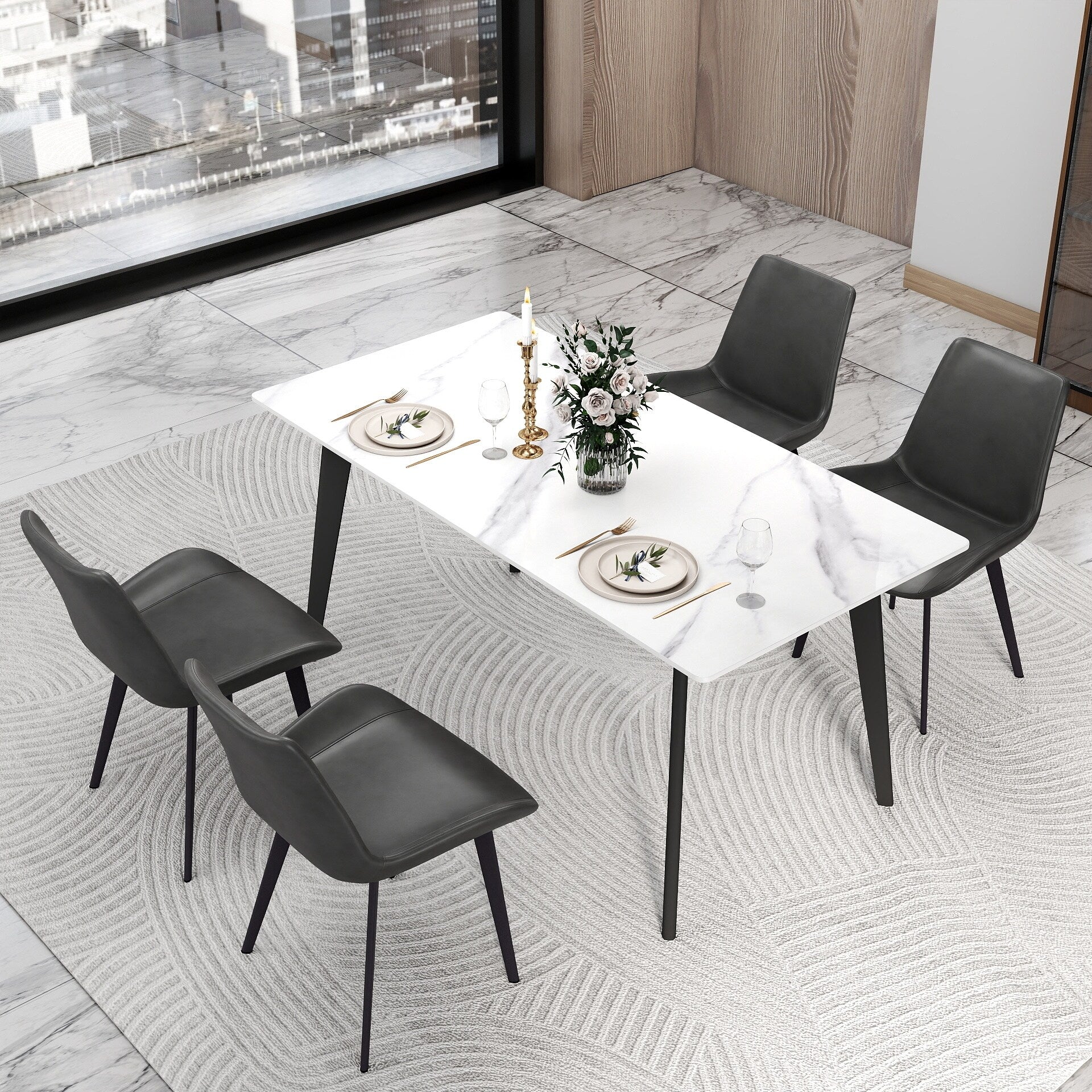 63 Dining Table Set for 6, Sintered Stone Dining Table with Black Legs for Kitchen Dining Room