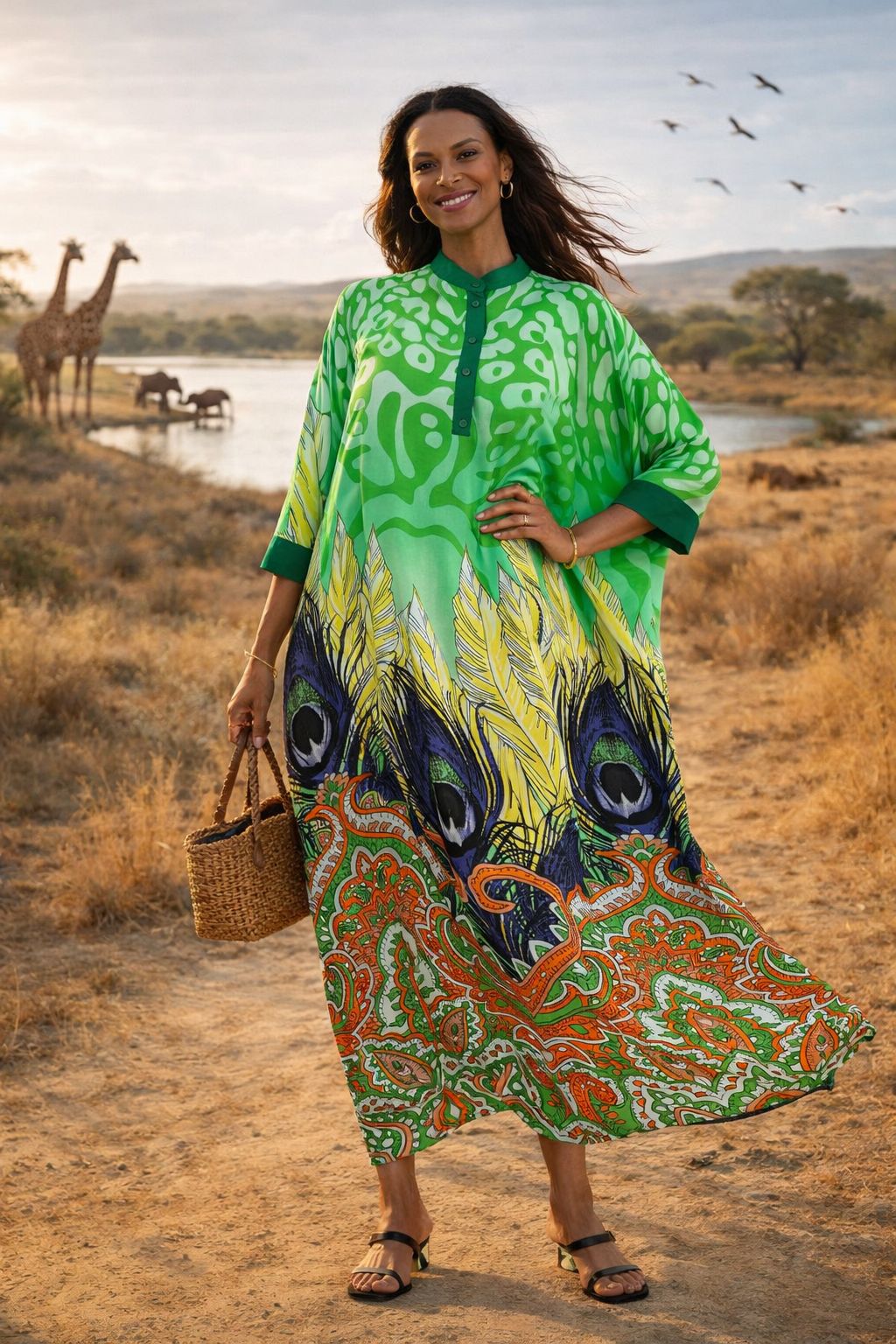 Belissh Abstract Print Oversized Maxi Dress in Green