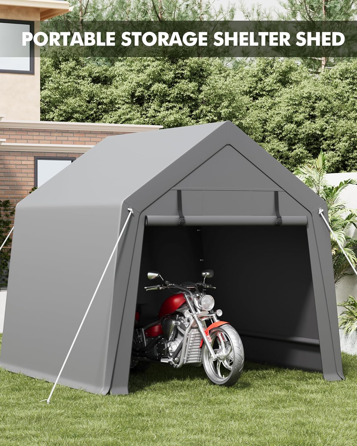 GarveeHome 6 x 6 Ft Carport Storage Shed, Portable Garage with Roll-Up Zipper Door, Heavy Duty Waterproof Tarp, Storage for Motorcycle, Bike, Firewood, Garden Tools, Grey