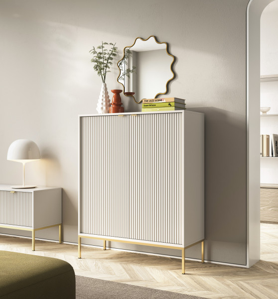 Komoda ryflowana do salonu NEW K104 - kaszmirowa   st. złoty