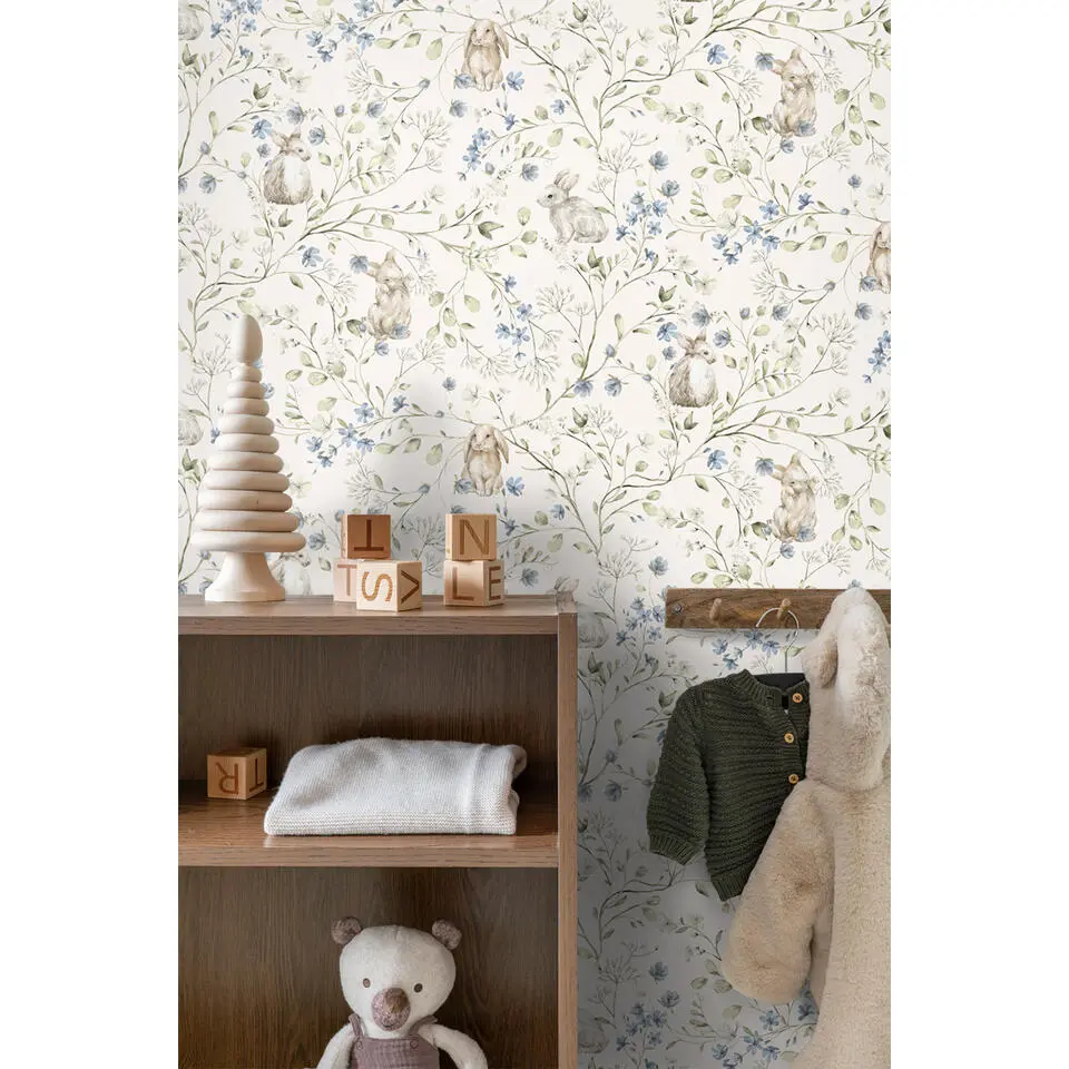 ESTAhome behang konijnen beige, groen, blauw en wit - 53 cm x 10.05 m