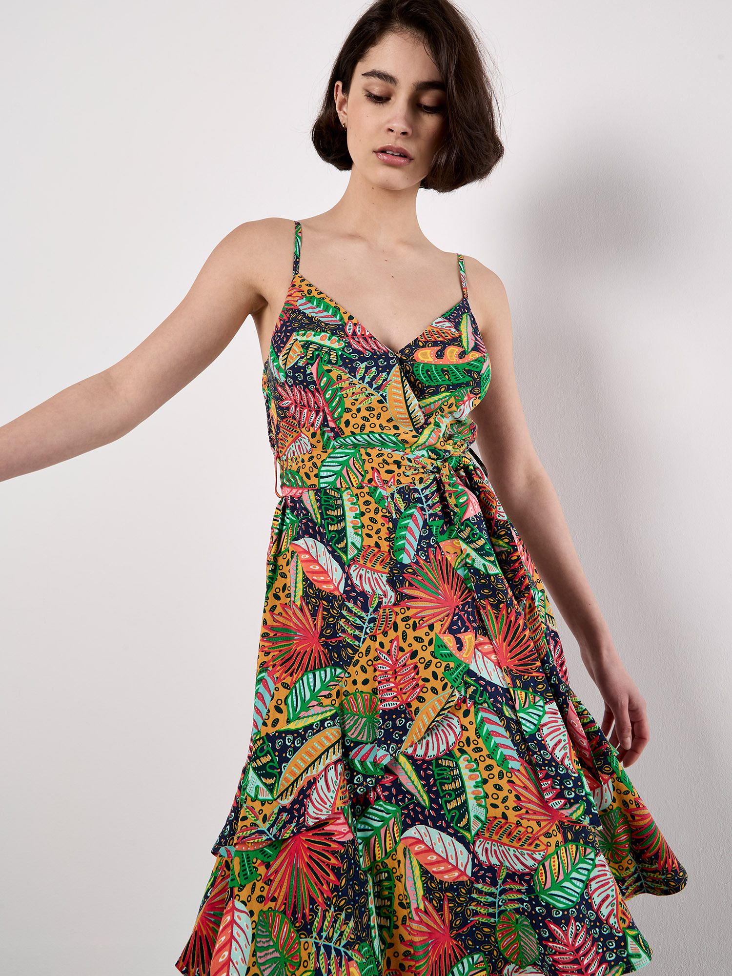 Apricot Tropical Print Tiered Cami Mini Dress