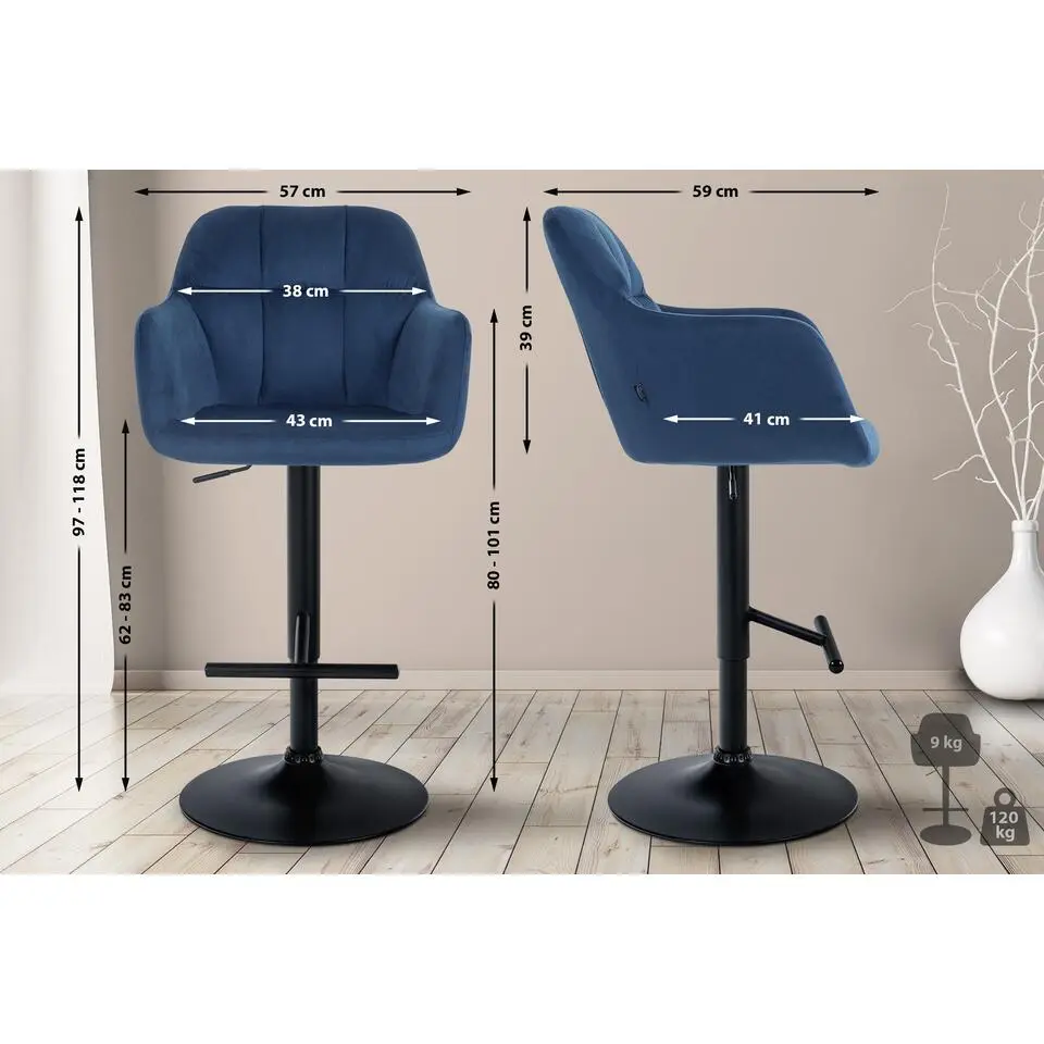 CLP Barkruk Natoma zwart Frame - Fluweel - blauw