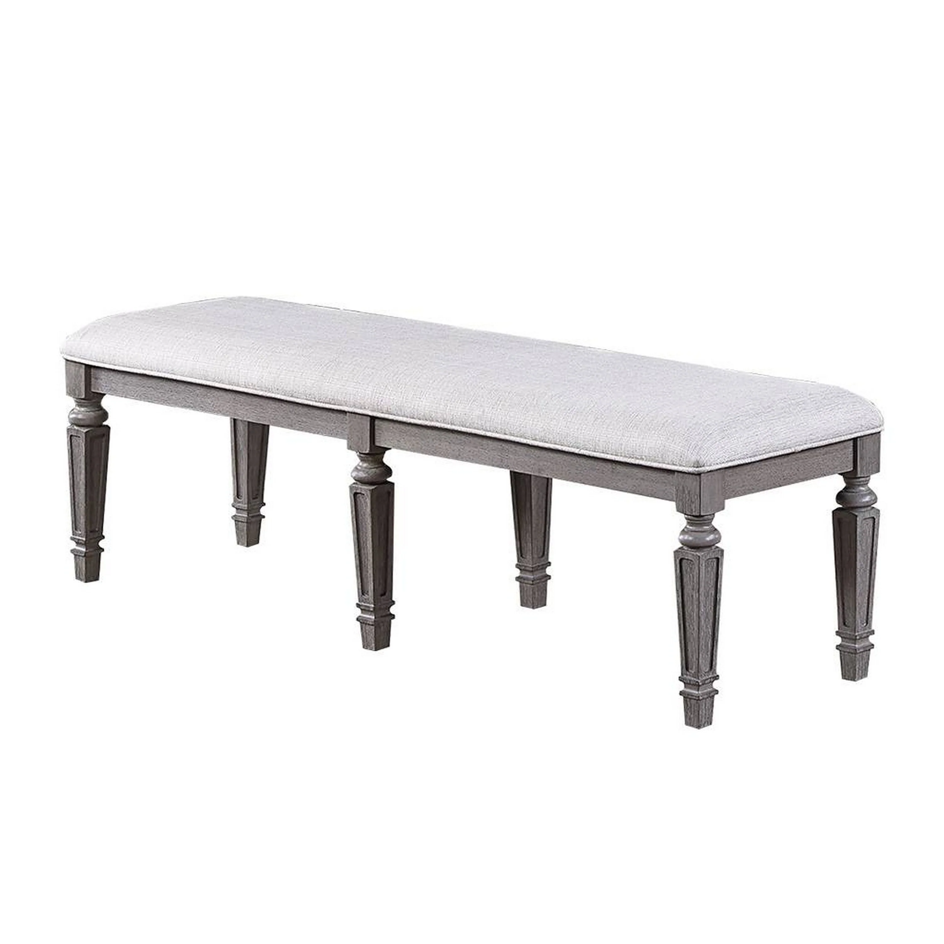 Winie Dining Bench with Turned Legs, 64 Inch Gray Wood and Fabric