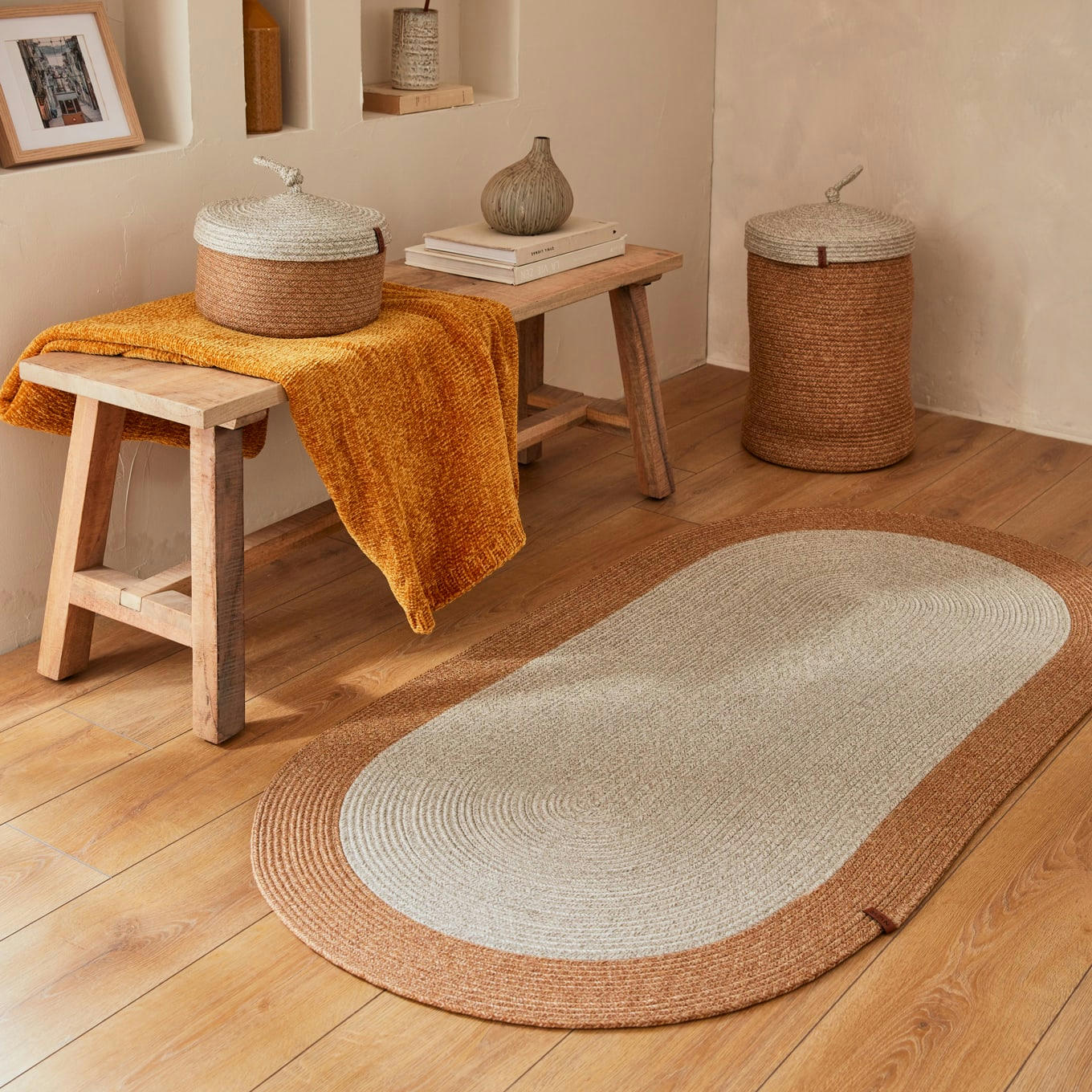 LIMA - Tapis ovale bicolore aspect jute fait main motif unis beige - 80x300