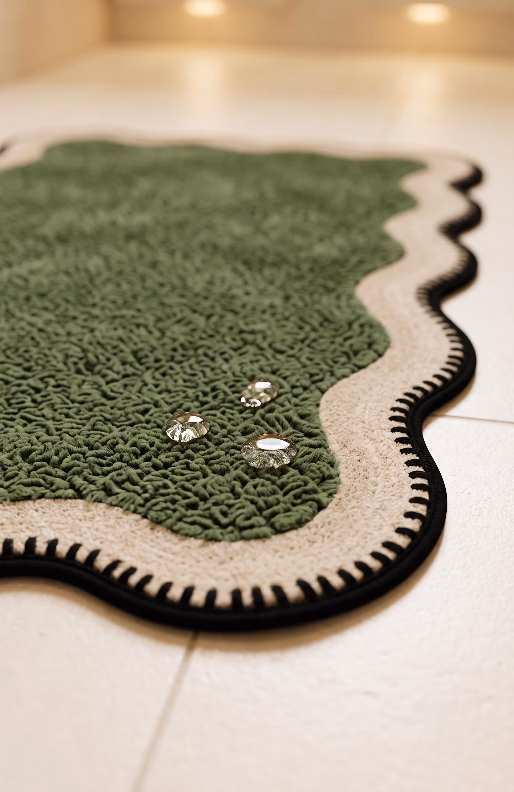 Scalloped Edge Bath Mat Set, Green Beige Wavy Boho Bathroom Rugs