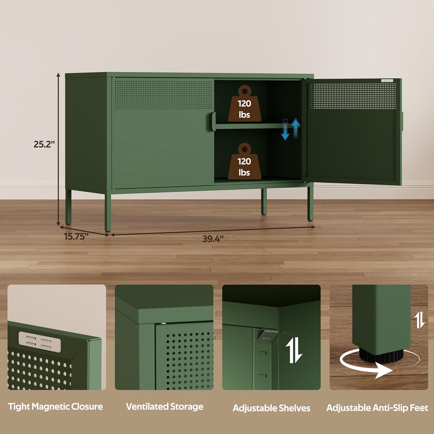 Metal Storage Cabinet with 2 Doors & Adjustable Shelves, 25 H Green Accent Cabinet, Metal Locker Storage Cabinets, Tv Stand Cabinet for Home, Office, Living Room, Entryway