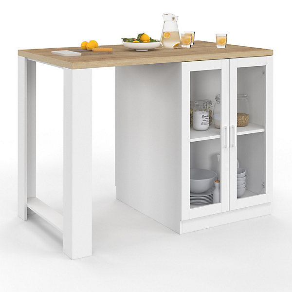 Ilot central LINO 120 cm 2 personnes bois blanc et plan de travail façon hêtre et portes vitrées