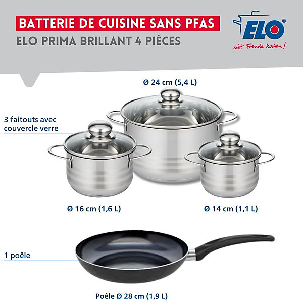 Ensemble de 1 Poêle de cuisson 28 cm et 3 faitouts 14, 16 et 24 cm Elo Prima Brillant