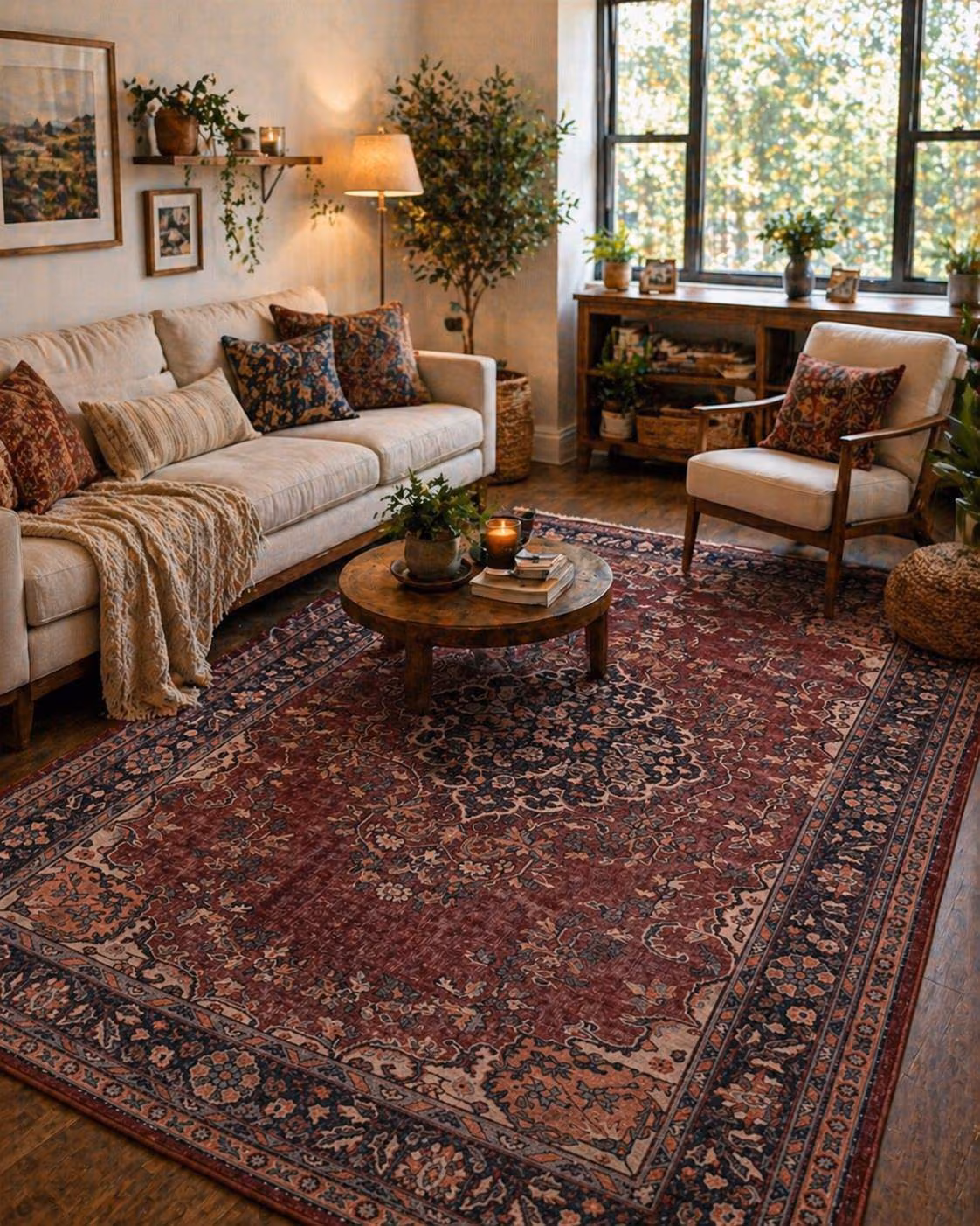 Vintage Distressed Turkish Rug, Burgundy Medallion Area Carpet, Boho Living Room Home
