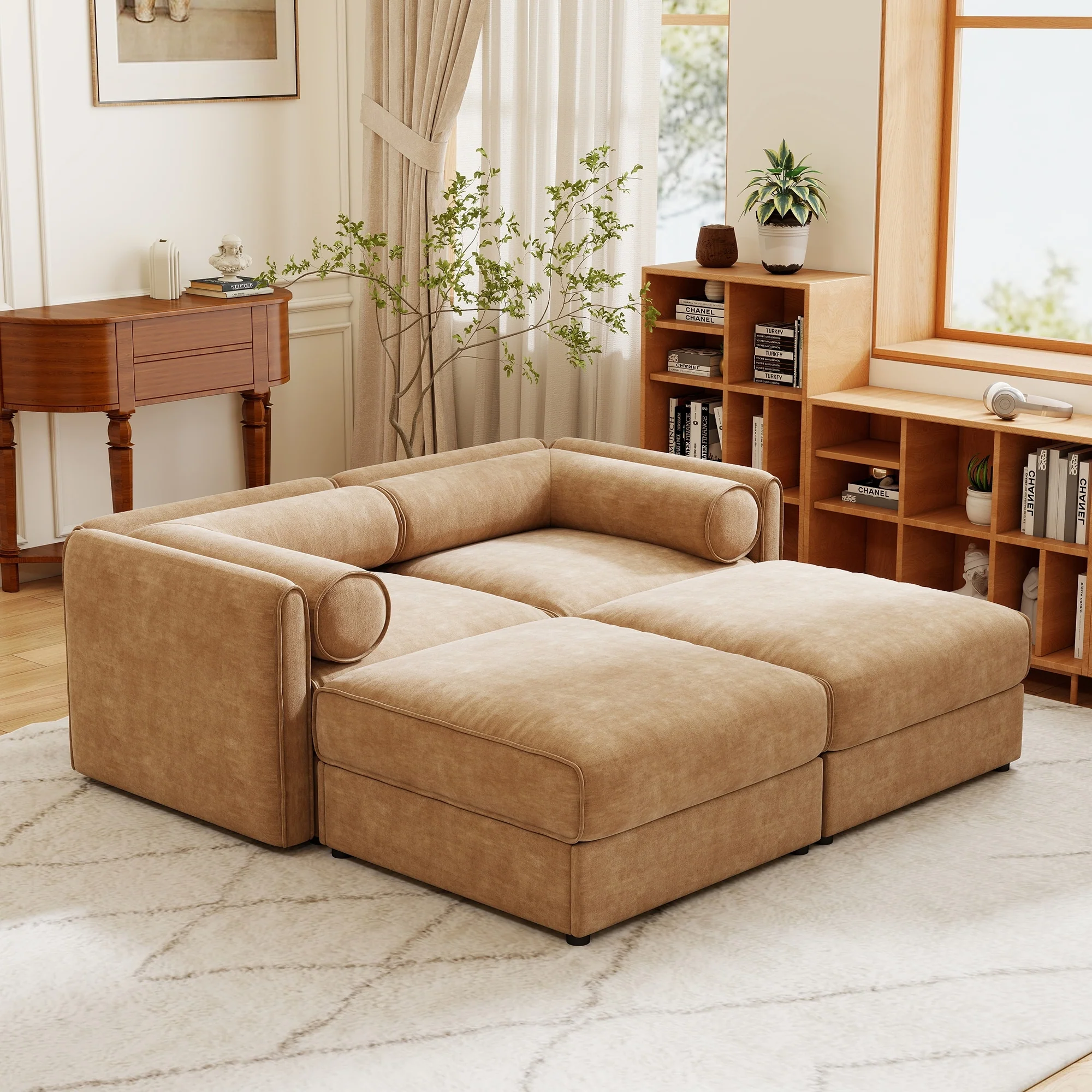 GDFStudio - Marcelline Chenille 2-Seater Sofa With 2 Ottoman