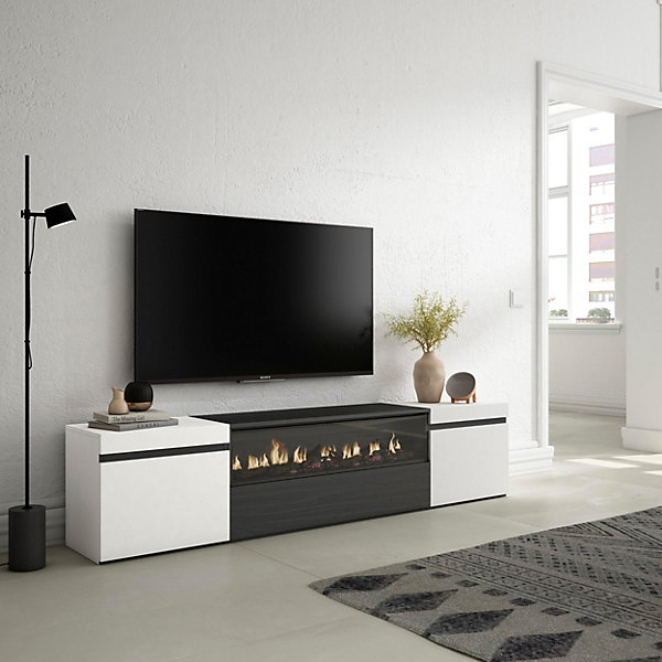 Meuble TV 200x35x45cm feu led sans chaleur couleur blanc et noir