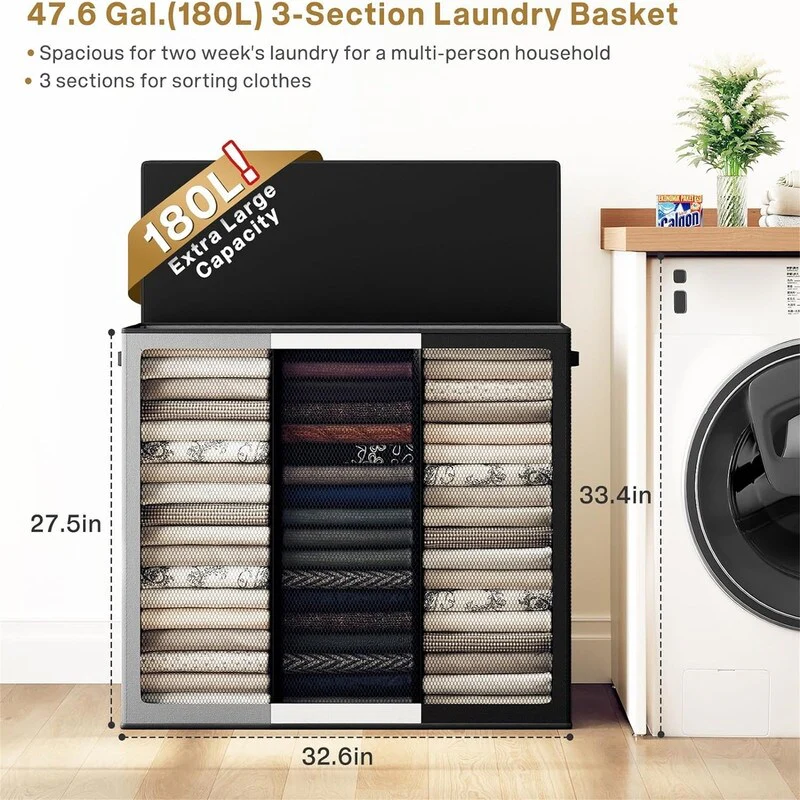 Laundry Hamper 3 section with lid and 3 Pcs Laundry Bag - 32.67L x 12.2W x 27.6H