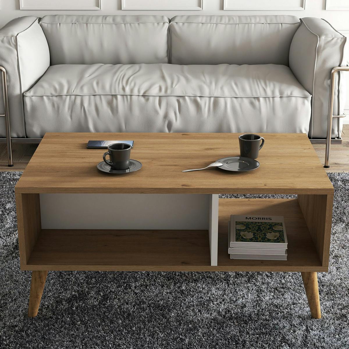 Table basse avec niches rangement, effet bois & blanc MARFA