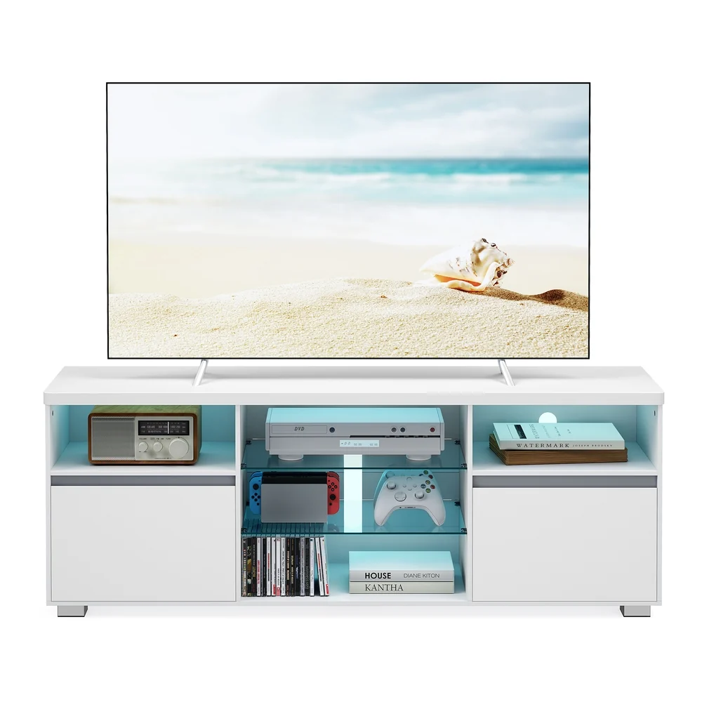 LED Moderne Meuble TV avec Étagères Ouvertes en Verre