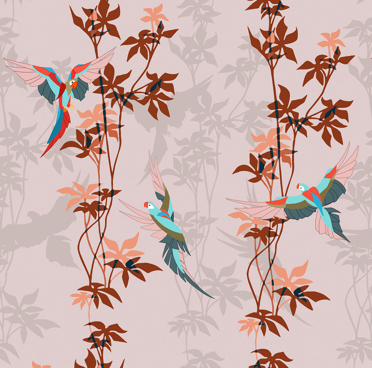 Walls4You behang tropische planten oudroze en terracotta - 53 cm x 10 m - 640110