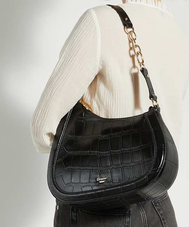Directional Black - Croc-Effect Leather Chain Detail Shoulder Bag