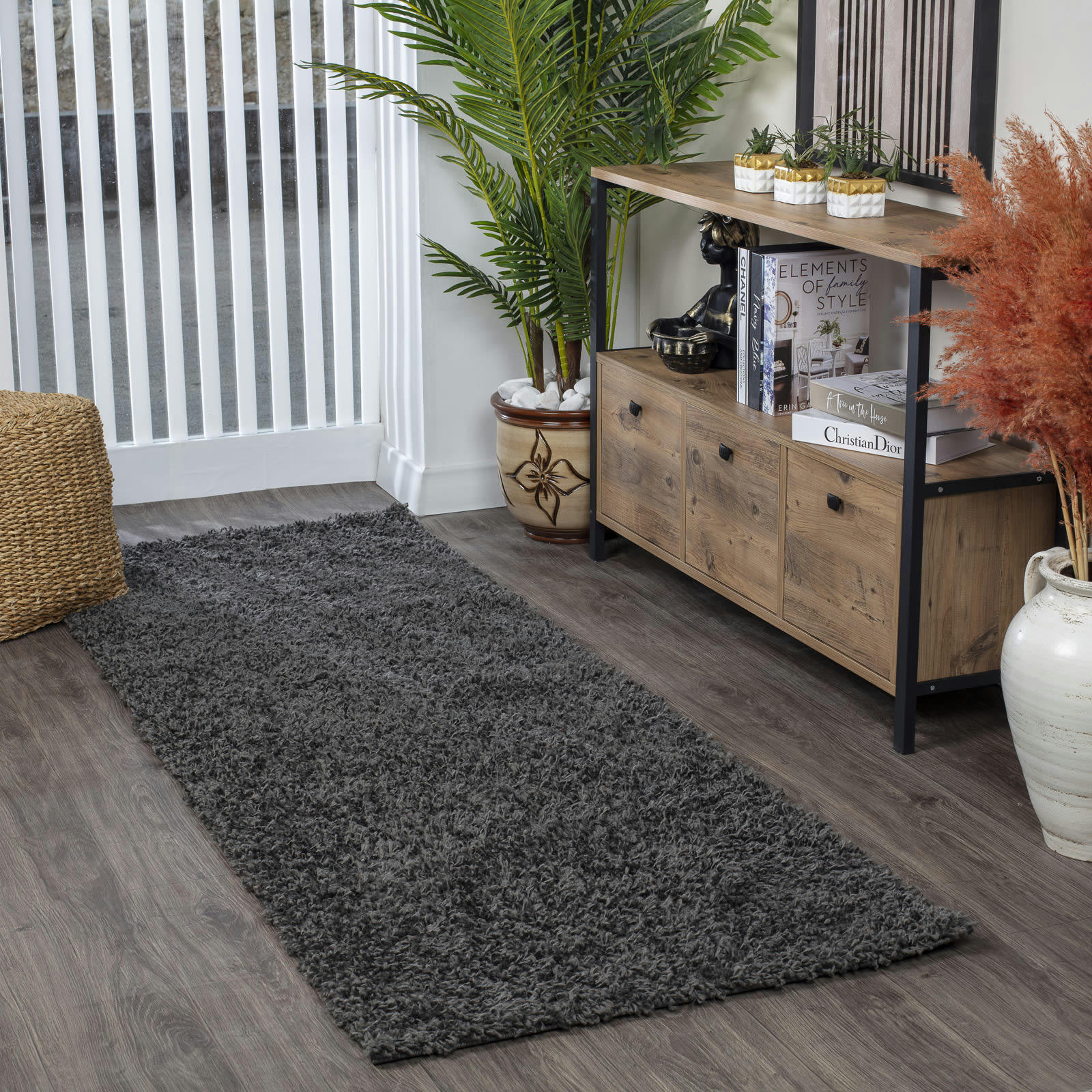 LILLY - Tapis de Couloir Shaggy Uni Chic Gris Foncé 80x220