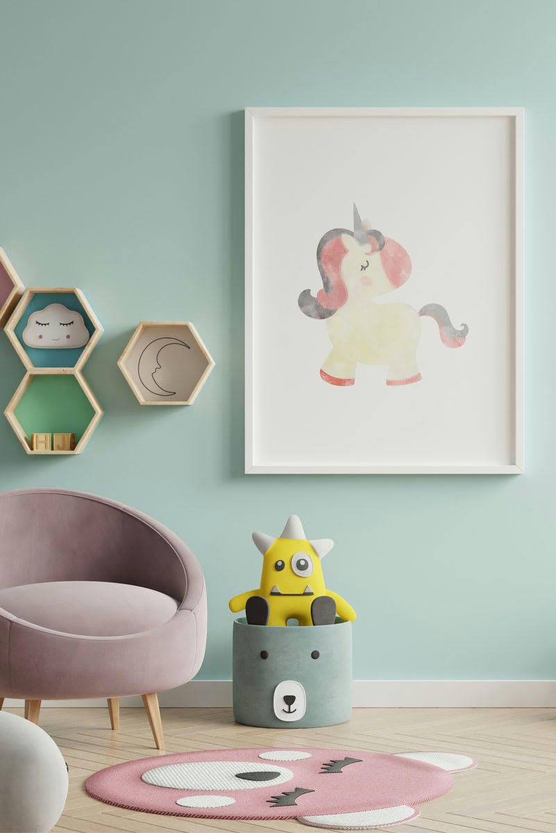 DECOWALL - Impression de licorne encadrée en bois blanc 43X33 cm