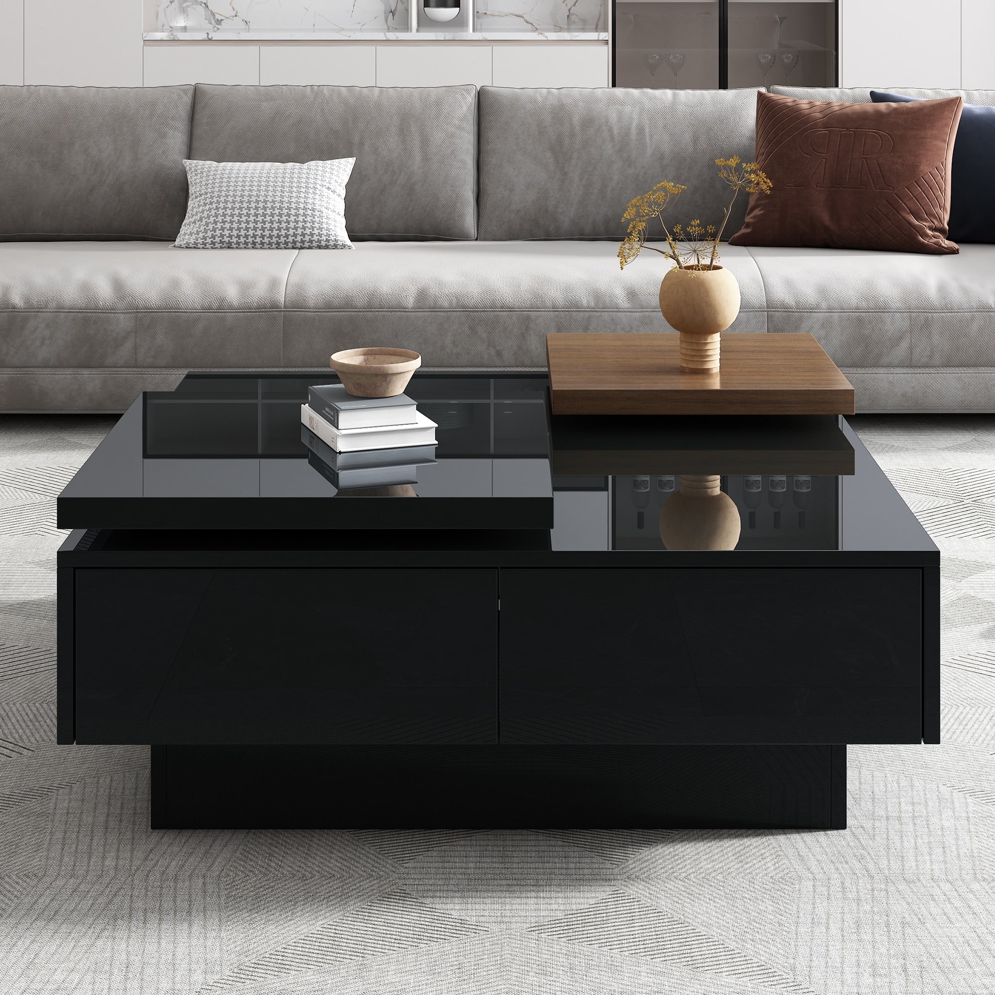 Movable Top Coffee Table, Modern Square Wood Coffee Table with High Gloss finish, 4 Hidden Storage Drawers for Living Room