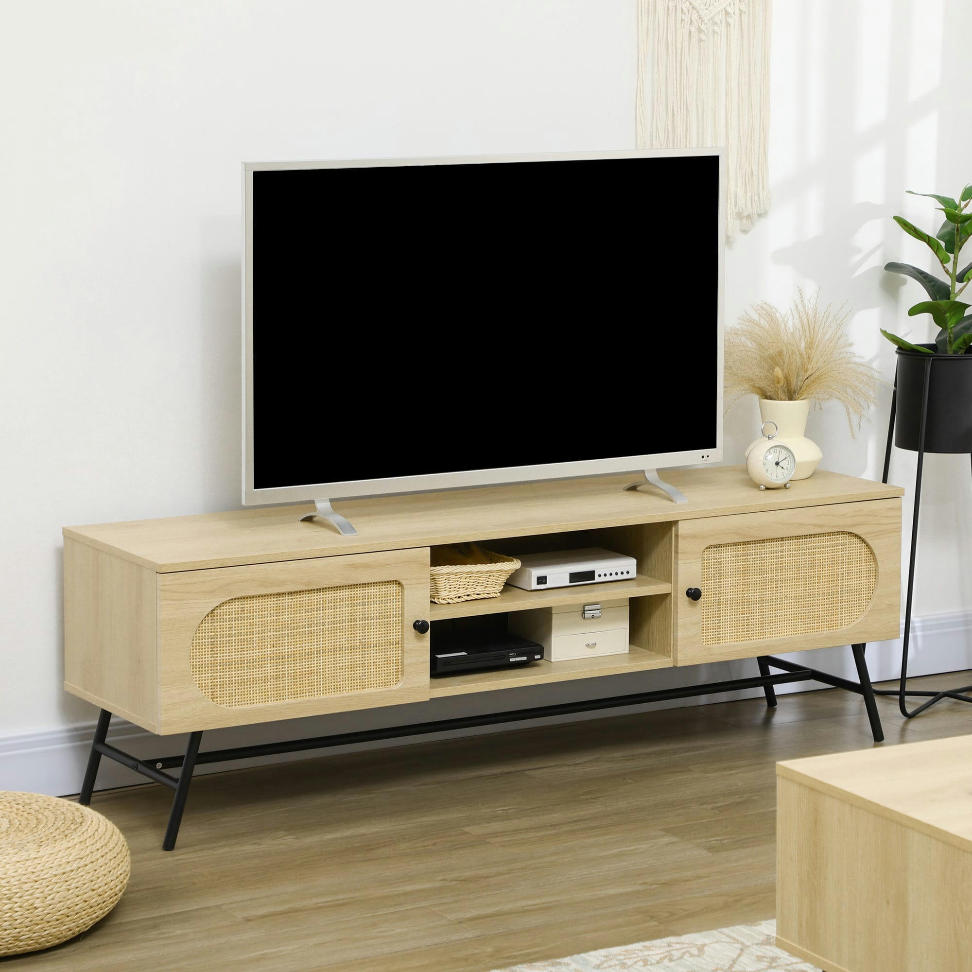 - Meuble TV banc TV 2 portes cannage rotin métal noir aspect chêne clair