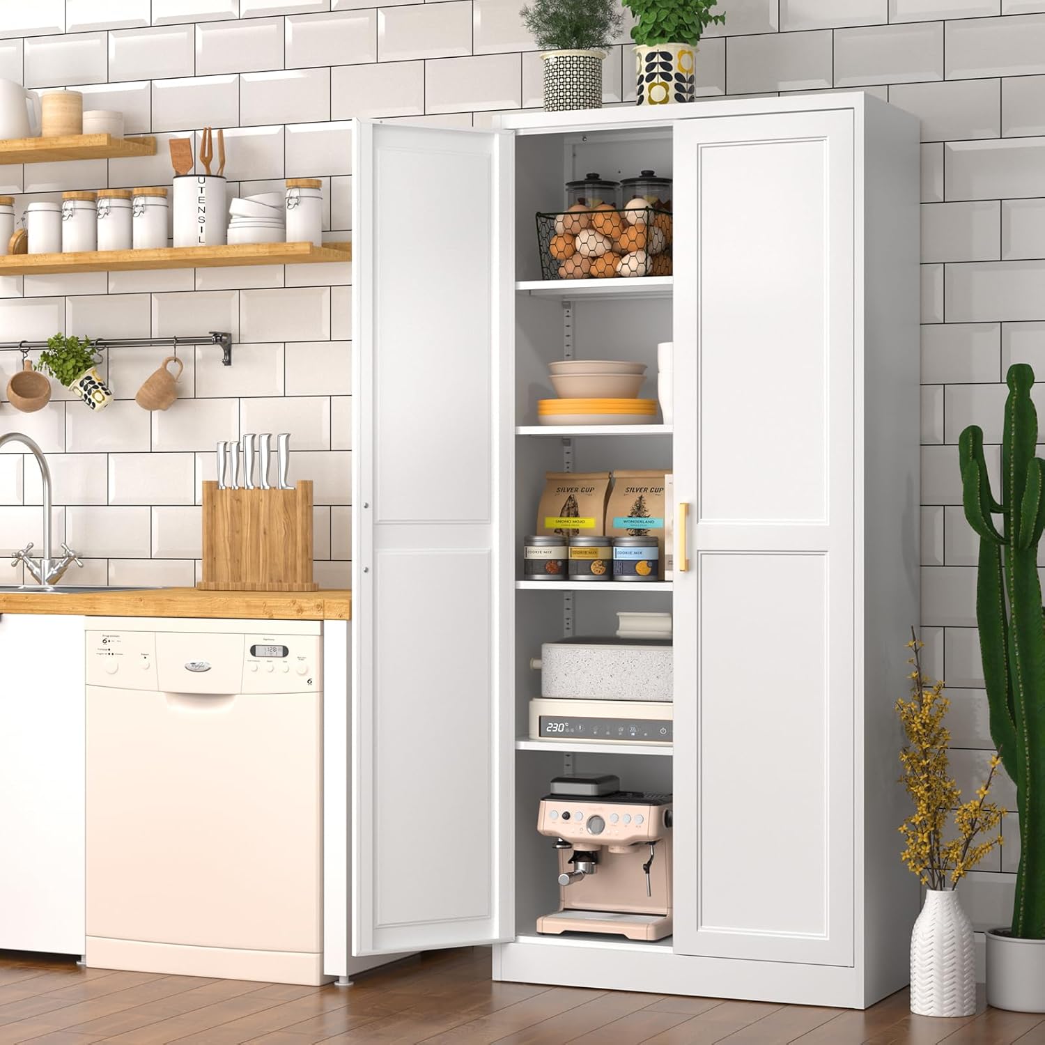 Polup White Kitchen Pantry Cabinet, 71 Inch Tall Metal Storage Cabinet with Doors and Shelves, Pantry Cabinets for Kitchen Storage, Freestanding Cupboard for Living, Dining Room, Assemble Required